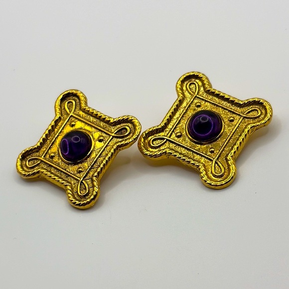 Vintage Jewelry - Vintage 90’s Florentine Gold & Purple Ornate Earrings Gripoix Clipons